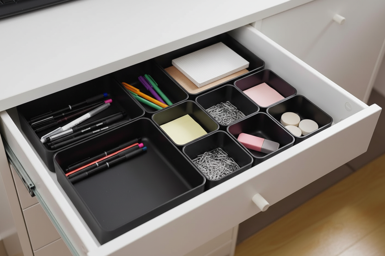 Black drawer organizer in IKEA Alex drawer