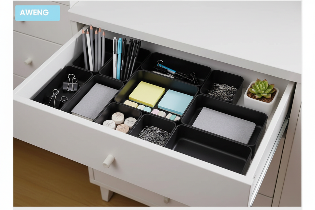 Black drawer organizer with office supplies