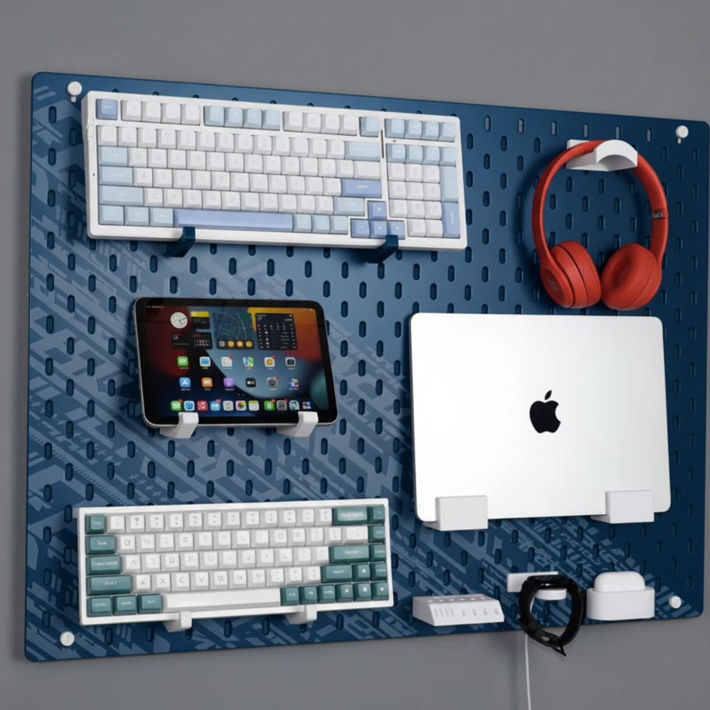 Modular Pegboard Desk Organizer – Wall-Mounted Storage for Laptop, Keyboard, Tablet & Headphones