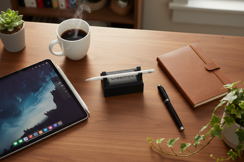 Creative workspace flat lay with Apple Pencil holder