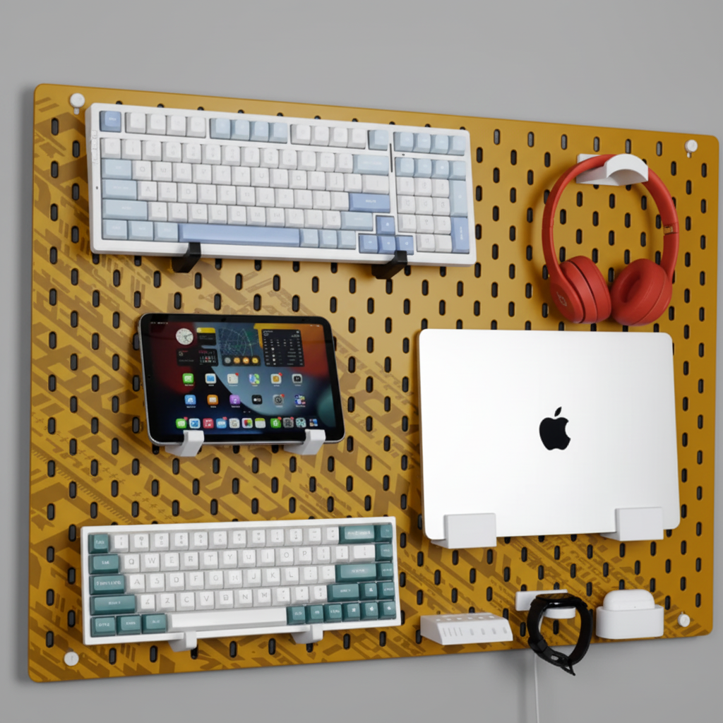 Modular Pegboard Desk Organizer – Wall-Mounted Storage for Laptop, Keyboard, Tablet & Headphones