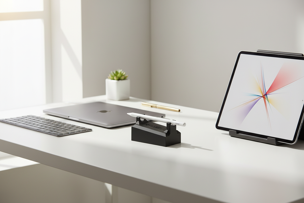 Minimalist desk setup with Apple Pencil holder
