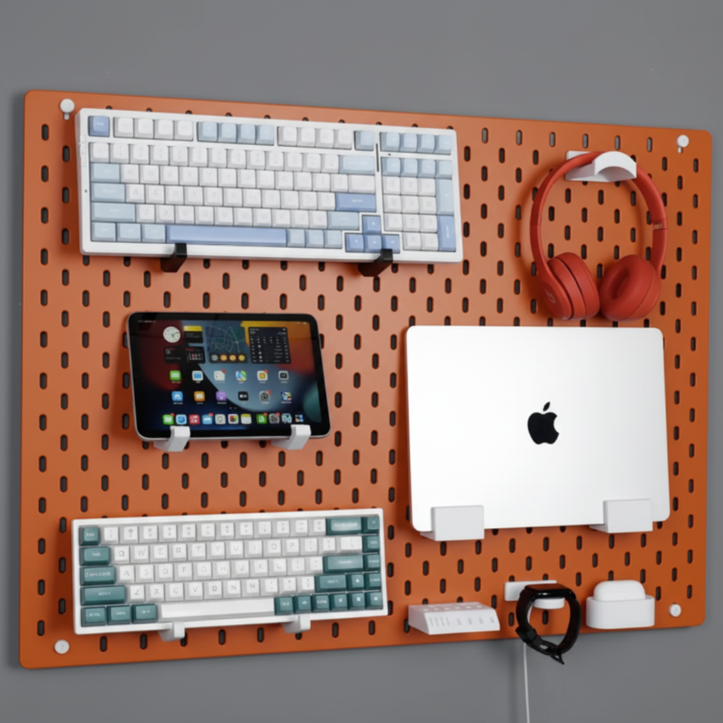 Modular Pegboard Desk Organizer – Wall-Mounted Storage for Laptop, Keyboard, Tablet & Headphones
