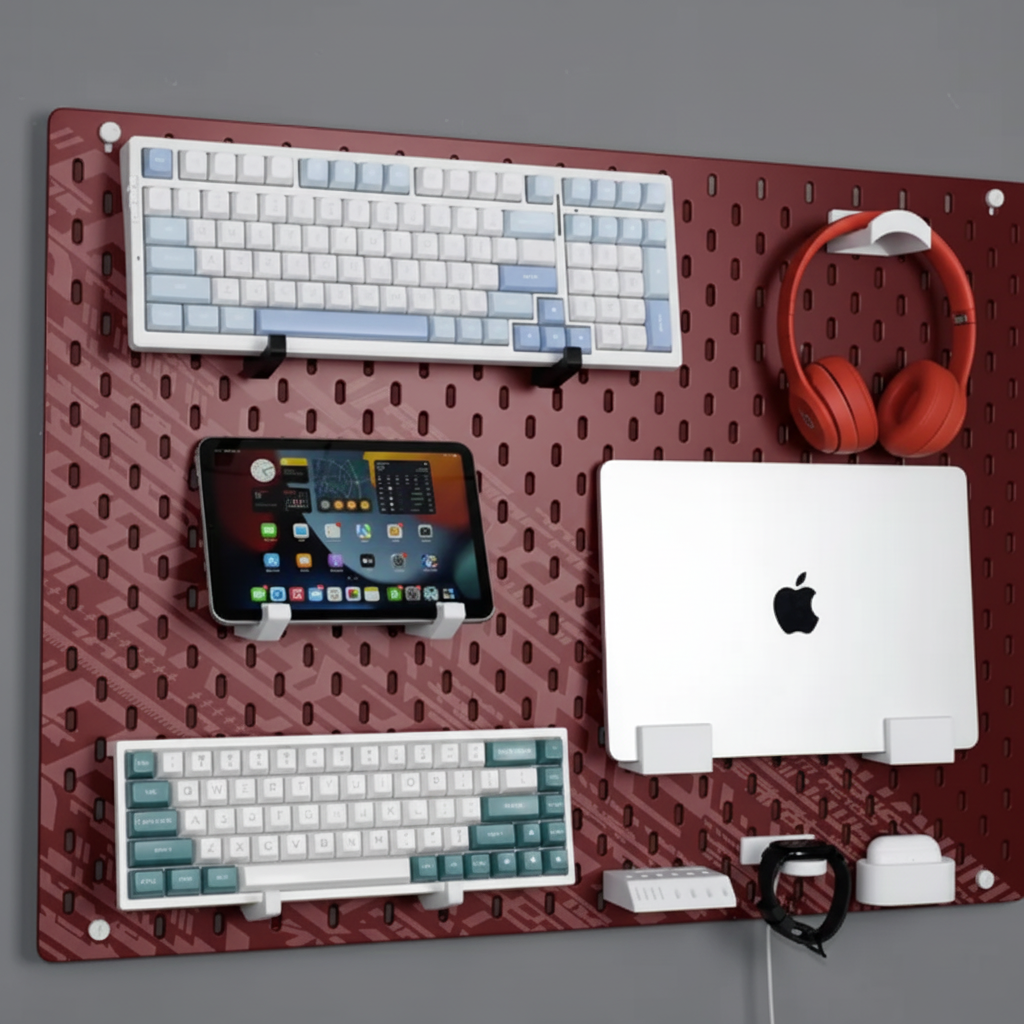 Modular Pegboard Desk Organizer – Wall-Mounted Storage for Laptop, Keyboard, Tablet & Headphones