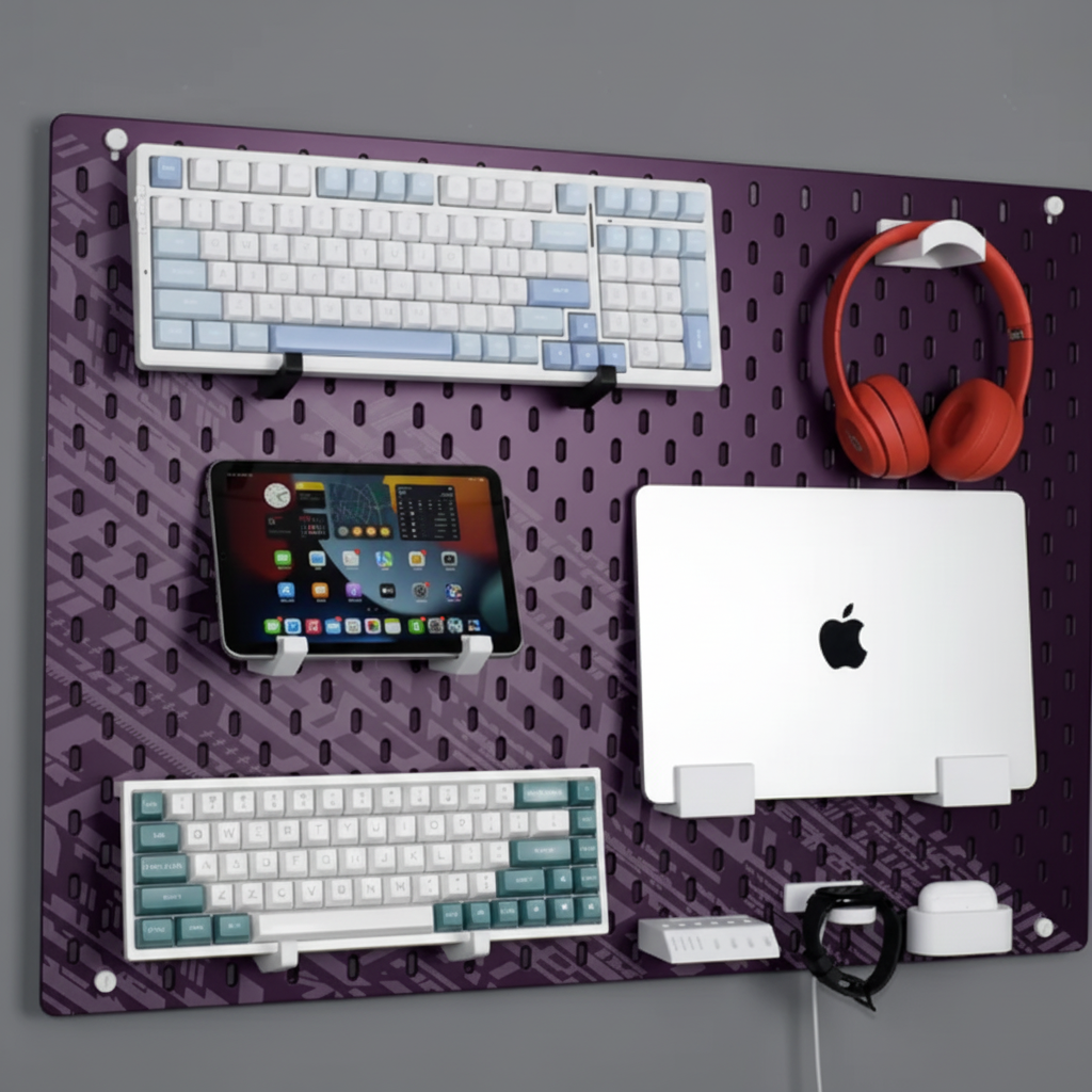 Modular Pegboard Desk Organizer – Wall-Mounted Storage for Laptop, Keyboard, Tablet & Headphones